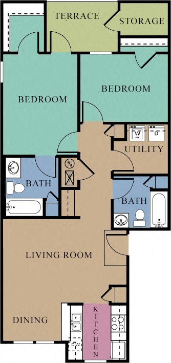 Floor plan for 2 beds, 2 baths, 1025 sqft